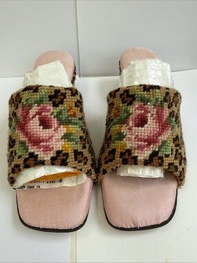 Needlepoint Floral Slide Mules in Pink Amy Jo Gladstone M  7 - 7.5